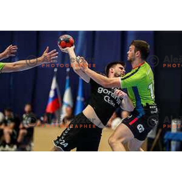 Tilen Sokolic in action during final of Slovenian handball cup match between Gorenje Velenje and Urbanscape Loka in Slovenj Gradec, Slovenia on May 15, 2022