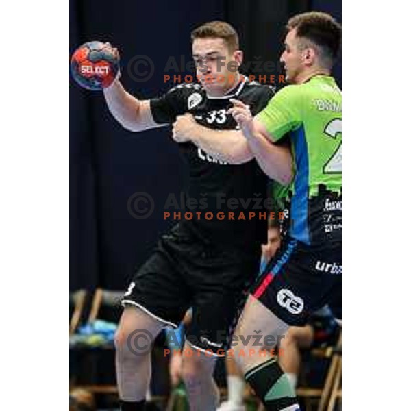 Enej Jovicic Slatinek in action during final of Slovenian handball cup match between Gorenje Velenje and Urbanscape Loka in Slovenj Gradec, Slovenia on May 15, 2022