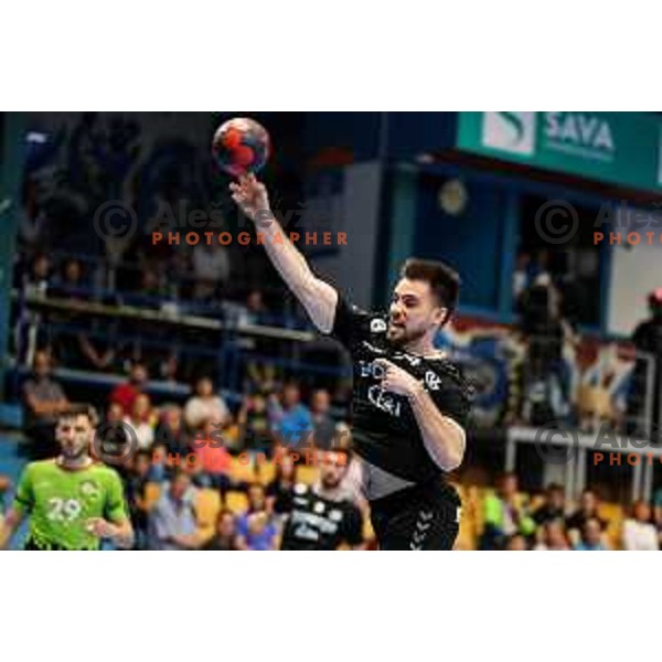 Tilen Sokolic in action during final of Slovenian handball cup match between Gorenje Velenje and Urbanscape Loka in Slovenj Gradec, Slovenia on May 15, 2022