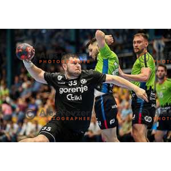 Branko Predovic in action during final of Slovenian handball cup match between Gorenje Velenje and Urbanscape Loka in Slovenj Gradec, Slovenia on May 15, 2022