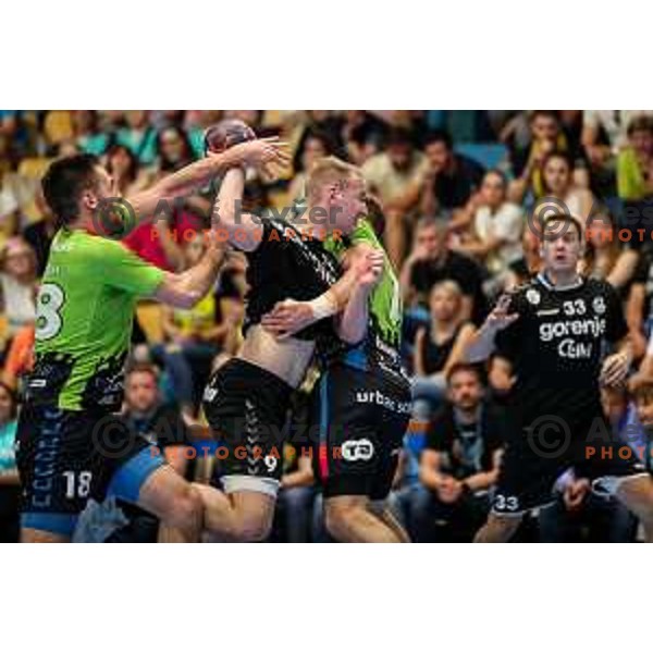 Domen Tajnik in action during final of Slovenian handball cup match between Gorenje Velenje and Urbanscape Loka in Slovenj Gradec, Slovenia on May 15, 2022