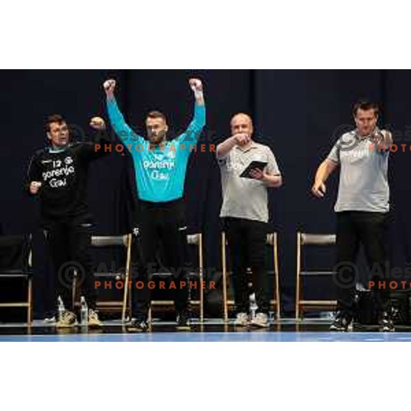 Bench of Gorenje in action during final of Slovenian handball cup match between Gorenje Velenje and Urbanscape Loka in Slovenj Gradec, Slovenia on May 15, 2022