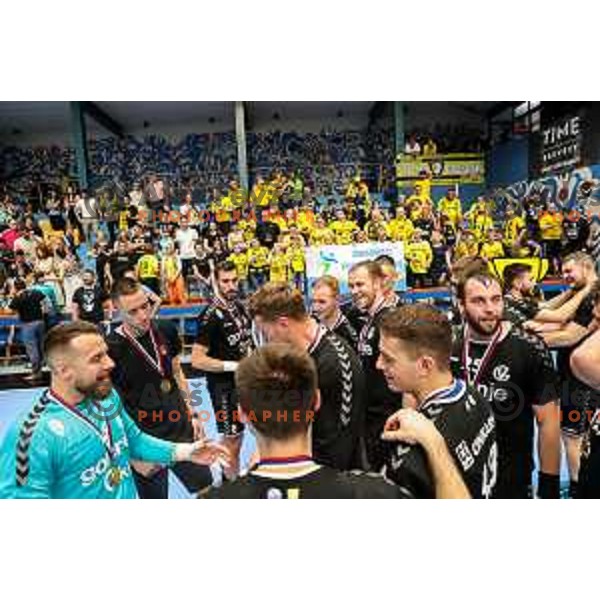 in action during final of Slovenian handball cup match between Gorenje Velenje and Urbanscape Loka in Slovenj Gradec, Slovenia on May 15, 2022