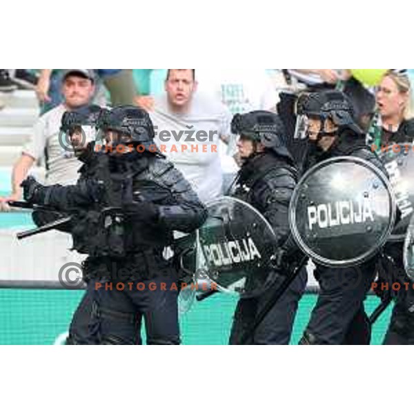 Special police forces on the pitch during Prva Liga Telemach football match between Olimpija and Mura in SRC Stozice, Ljubljana, Slovenia on May 15, 2022