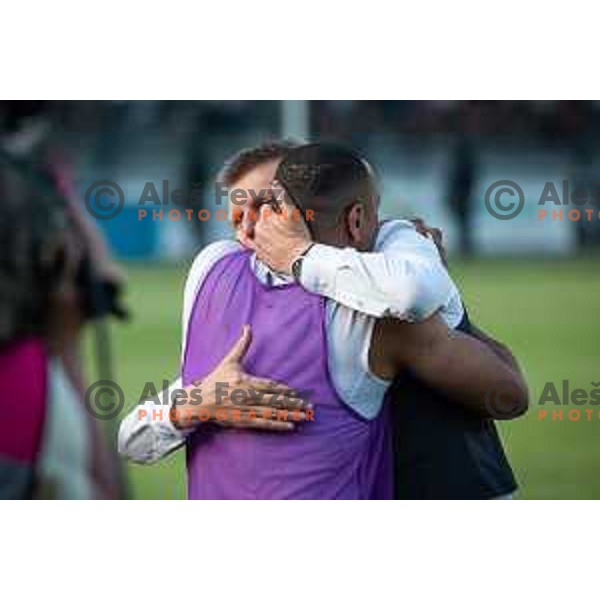 Radovan Karanovic, head coach of Maribor and Marcos Tavares celebrating after becoming national champions of Prva liga Telemach in Fazanerija, Murska Sobota, Slovenia on May 22, 2022. Photo: Jure Banfi/www.alesfevzer.com