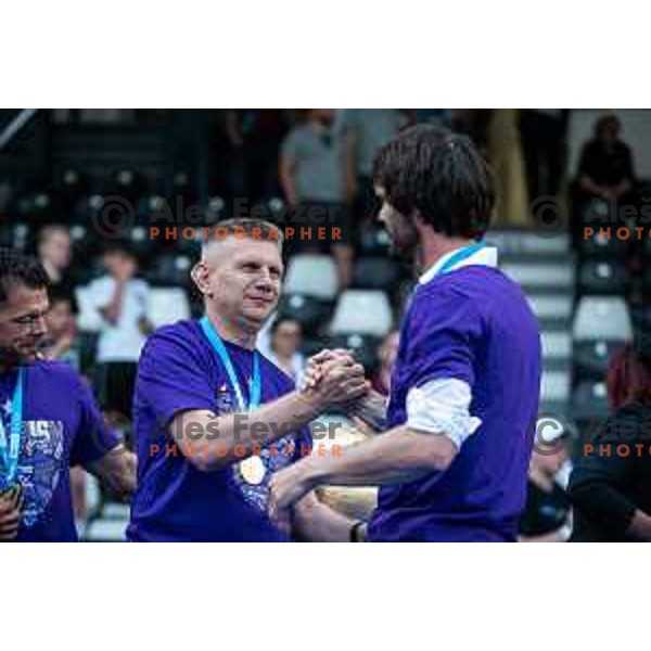 Radovan Karanovic, head coach of Maribor and Marko Suler celebrating after becoming national champions of Prva liga Telemach in Fazanerija, Murska Sobota, Slovenia on May 22, 2022. Photo: Jure Banfi/www.alesfevzer.com