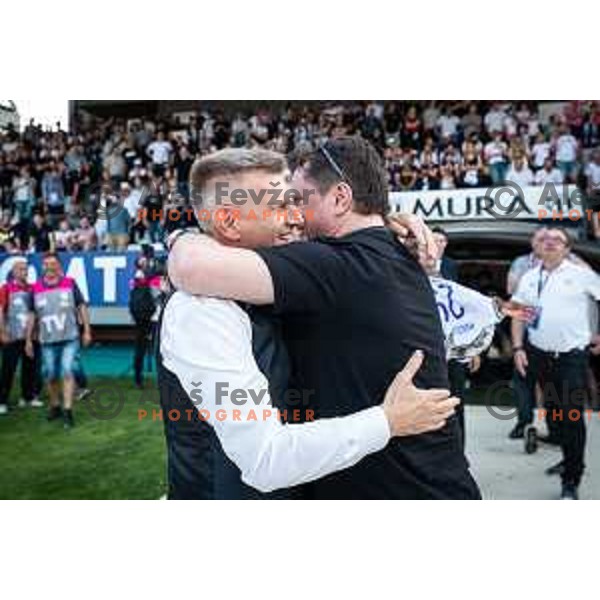 Radovan Karanovic, head coach of Maribor and Robert Kuzmic, president of Mura celebrating after becoming national champions of Prva liga Telemach in Fazanerija, Murska Sobota, Slovenia on May 22, 2022. Photo: Jure Banfi/www.alesfevzer.com