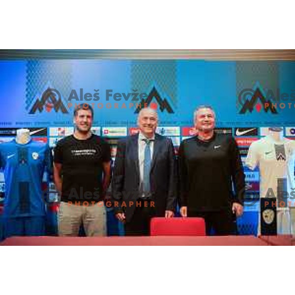 Dietmar Wieser, Radenko Mijatovic and Matjaz Kek, head coach of Slovenia Football team during press conference in Ljubljana, Slovenia on May 26, 2022