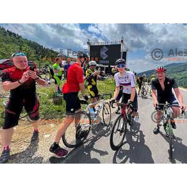 Matej Mohoric as spectator on the bike during Giro d’Italia 19.stage at Kolovrat in Slovenia on May 27, 2022