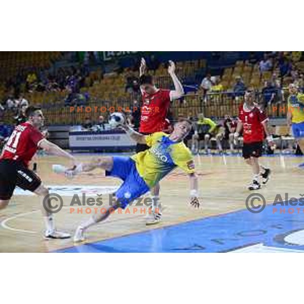 Vid Poteko in action during 1.NLB league match between Celje Pivovarna Lasko and SVIS in Slovenia on May 27, 2022