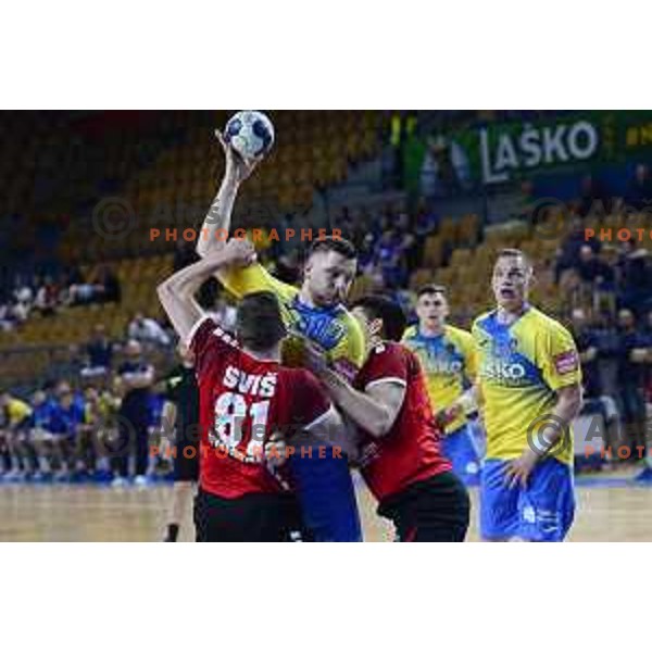 Aleks Vlah in action during 1.NLB league match between Celje Pivovarna Lasko and SVIS in Slovenia on May 27, 2022
