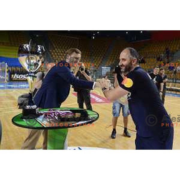 Alem Toskic, head coach of Celje Pivoarna Lasko celebrates Slovenian national title after victory in 1.NLB league match between Celje Pivovarna Lasko and SVIS in Slovenia on May 27, 2022