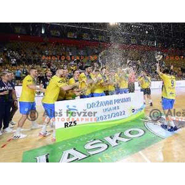 Players of Celje Pivoarna Lasko celebrate Slovenian national title after victory in 1.NLB league match between Celje Pivovarna Lasko and SVIS in Slovenia on May 27, 2022
