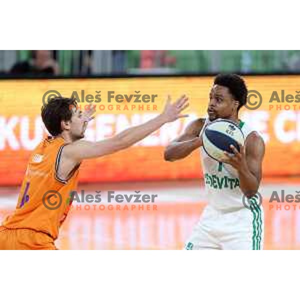 Tadej Ferme and Yogi Ferrell in action during Final of Nova KBM league second match between Cedevita Olimpija and Helios Suns in SRC Stoic, Ljubljana, Slovenia on May 28, 2022