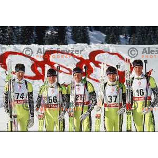 Bostjan Lekan, Janez Ozbolt, Uros Velepec, Saso Grajf and Jure Velepec of Slovenia Olympic team at 1992 Winter Olympic Games in Albertville, France