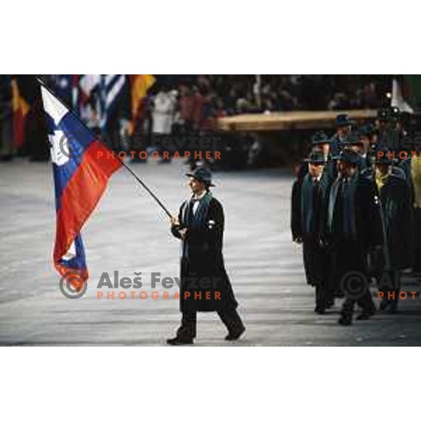 Ski-jumper Franci Petek of Slovenia was flag-bearer for his country at Opening Ceremony of 1992 Winter Olympic Games in Albertville, France on February 8, 1992. Slovenia Olympic team was taking place at the Games for the first time after becaming independ country