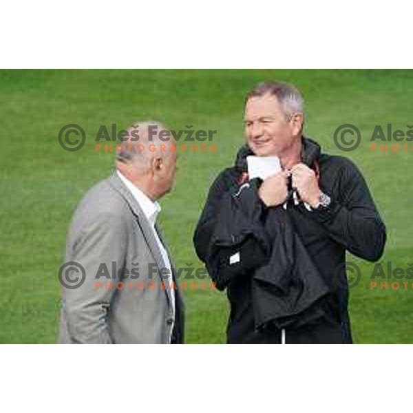 Radenko Mijatovic and Matjaz Kek, head coach of Slovenia Football team during practice session at NNC Brdo on May 30, 2022 