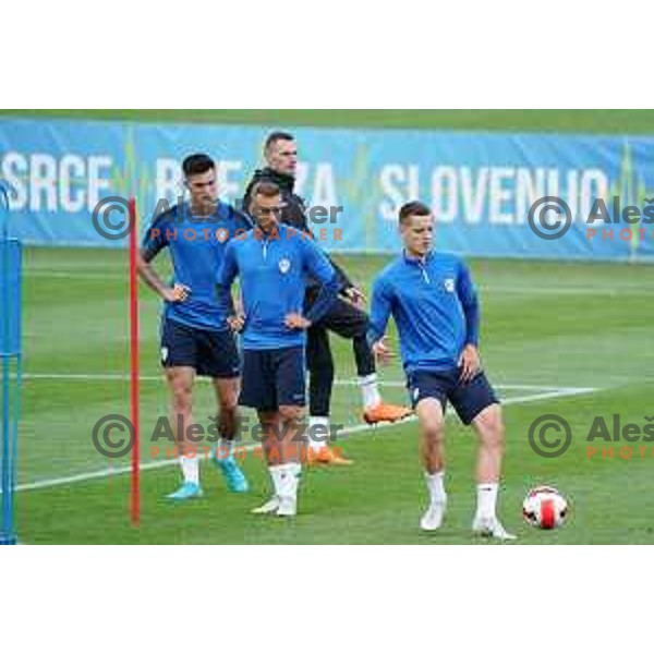 Benjamin Sesko, Sandi Lovric and Zan Celar of Slovenia Football team during practice session at NNC Brdo on May 30, 2022