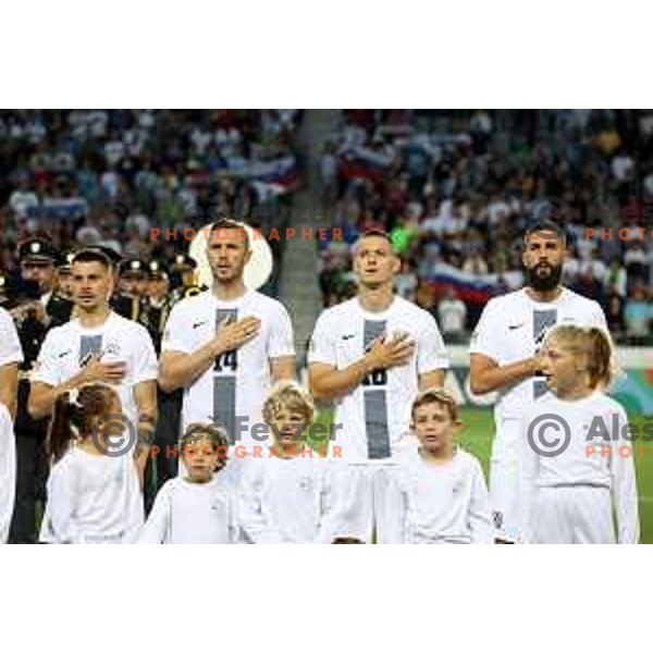 Gregor Sikosek, Jasmin Kurtic, Zan Celar and Miha Mevlja in action during UEFA Nations league football match between Slovenia and Sweden in SRC Stozice, Ljubljana, Slovenia on June 2, 2022