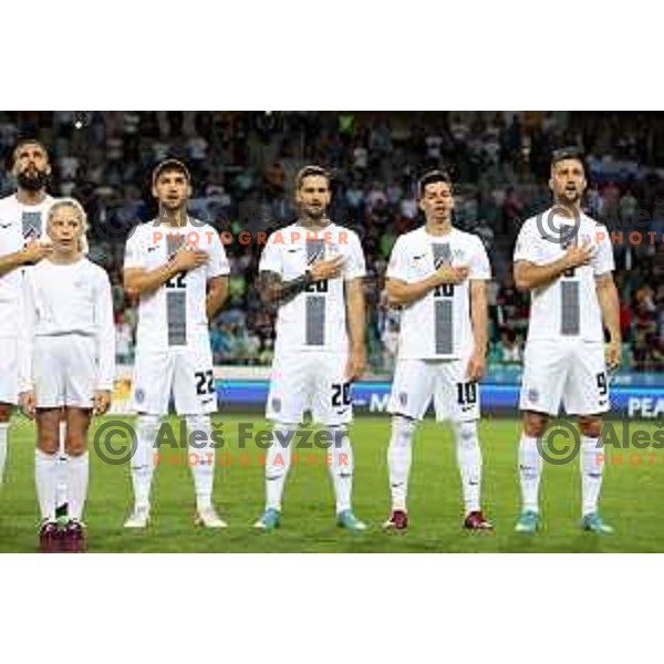 Miha Mevlja, Adam Gnezda Cerin, Petar Stojanovic, Miha Zajc and Andraz Sporar during UEFA Nations league football match between Slovenia and Sweden in SRC Stozice, Ljubljana, Slovenia on June 2, 2022