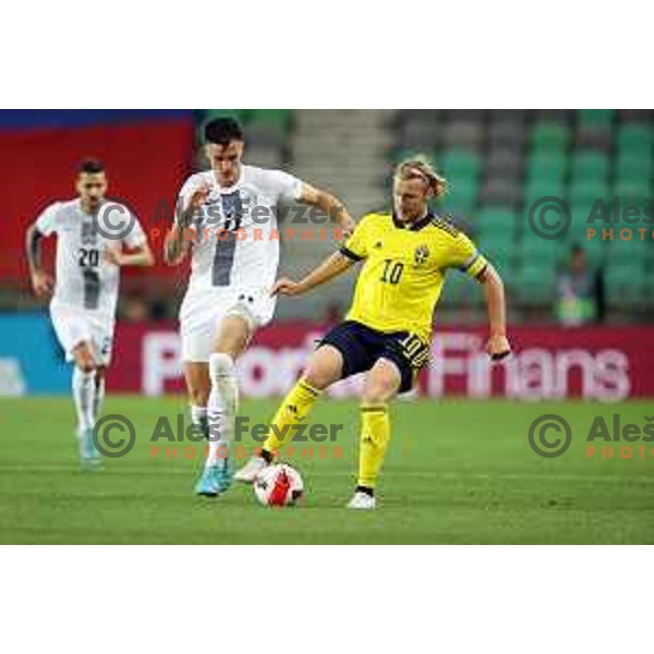 Benjamin Sesko and Emil Forsberg in action during UEFA Nations league football match between Slovenia and Sweden in SRC Stozice, Ljubljana, Slovenia on June 2, 2022