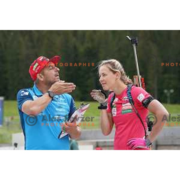 Head coach Ricco Gross and Anamarija Lampic of Slovenia Biathlon team during practice at Pokljuka, Slovenia on June 7, 2022