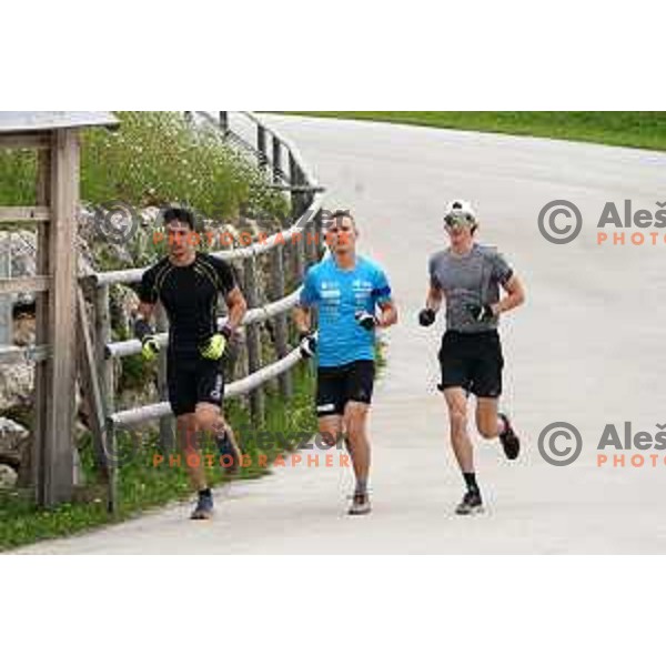 Rok Trsan, Toni Vidmar and Lovro Planko of Slovenia Biathlon team during practice at Pokljuka, Slovenia on June 7, 2022