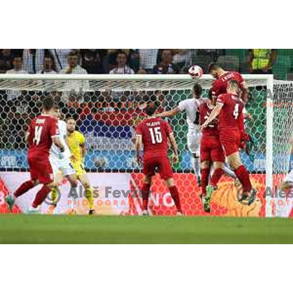 Aleksandar Mitrovic scores goal during UEFA Nations league football match between Slovenia and Serbia in SRC Stozice, Ljubljana, Slovenia on June 12, 2022 