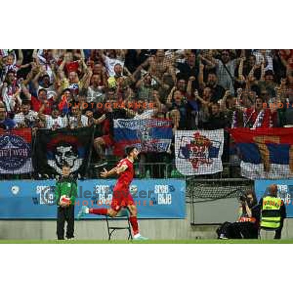 Aleksandar Mitrovic scores goal during UEFA Nations league football match between Slovenia and Serbia in SRC Stozice, Ljubljana, Slovenia on June 12, 2022 