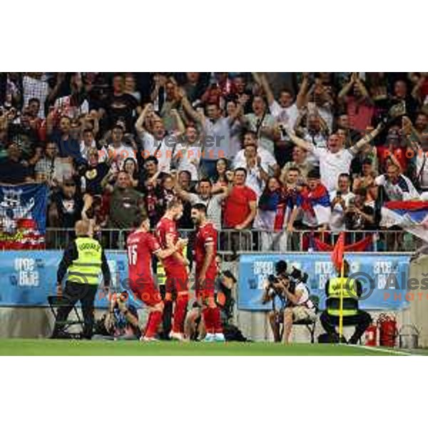 Aleksandar Mitrovic scores goal during UEFA Nations league football match between Slovenia and Serbia in SRC Stozice, Ljubljana, Slovenia on June 12, 2022 
