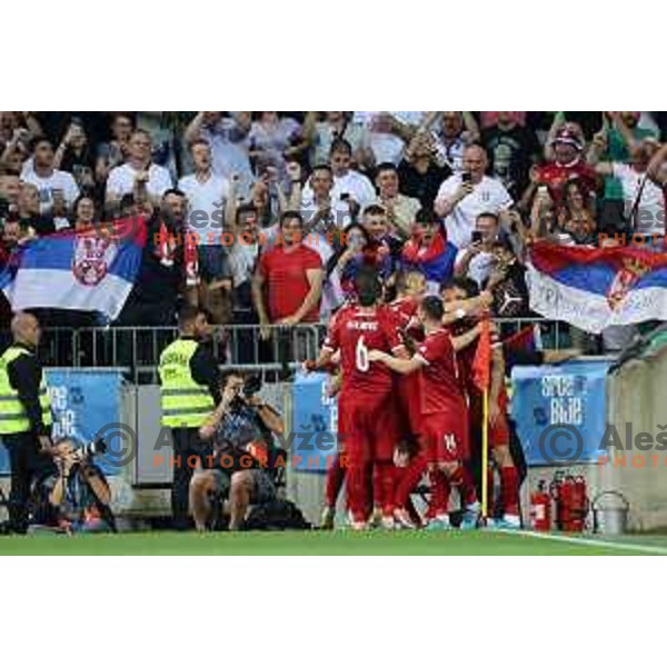 Aleksandar Mitrovic scores goal during UEFA Nations league football match between Slovenia and Serbia in SRC Stozice, Ljubljana, Slovenia on June 12, 2022 