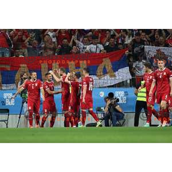 Aleksandar Mitrovic scores goal during UEFA Nations league football match between Slovenia and Serbia in SRC Stozice, Ljubljana, Slovenia on June 12, 2022 