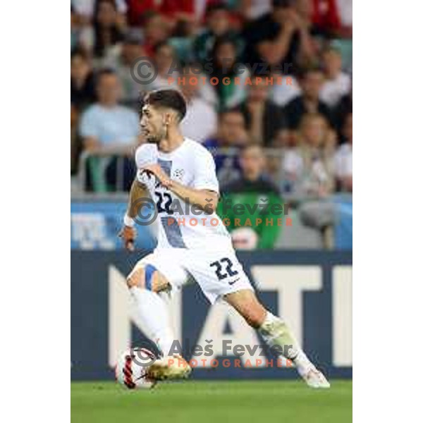 Adam Gnezda Cerin in action during UEFA Nations league football match between Slovenia and Serbia in SRC Stozice, Ljubljana, Slovenia on June 12, 2022 