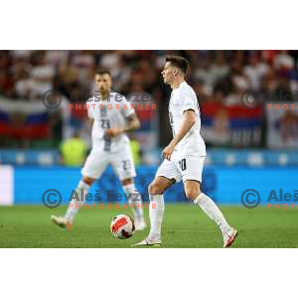 Miha Zajc in action during UEFA Nations league football match between Slovenia and Serbia in SRC Stozice, Ljubljana, Slovenia on June 12, 2022 