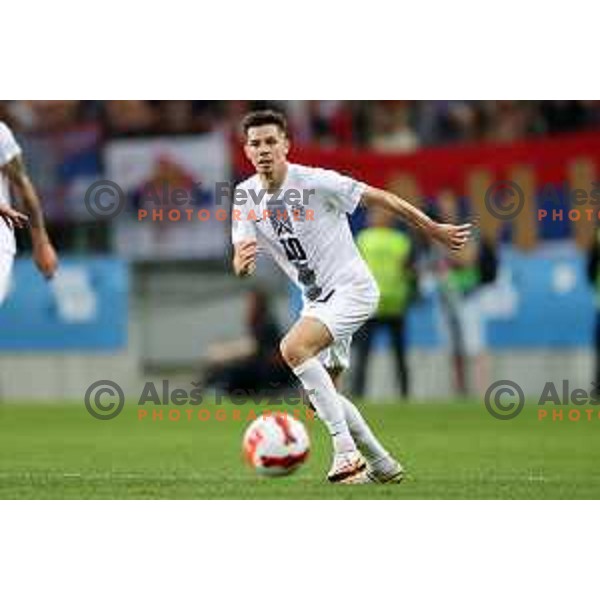 Miha Zajc in action during UEFA Nations league football match between Slovenia and Serbia in SRC Stozice, Ljubljana, Slovenia on June 12, 2022 