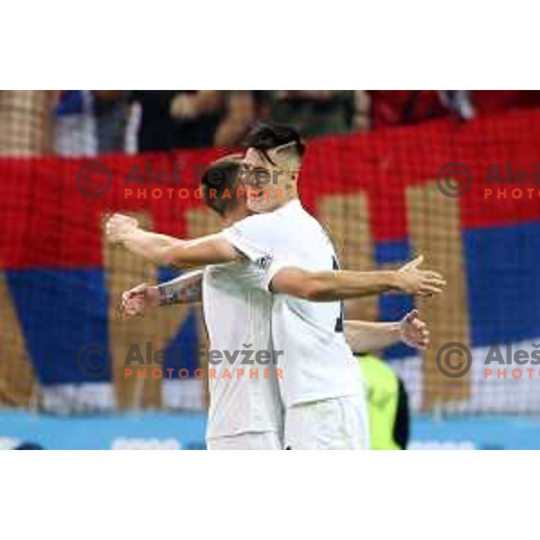 Benjamin Sesko celebrates goal during UEFA Nations league football match between Slovenia and Serbia in SRC Stozice, Ljubljana, Slovenia on June 12, 2022