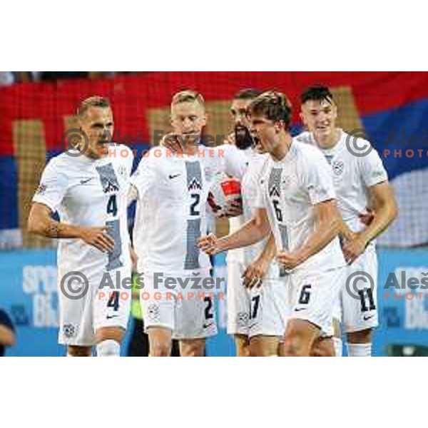 Jure Balkovec, Zan Karnicnik, Miha Mevlja, Jaka Bijol and Benjamin Sesko celebrate goal during UEFA Nations league football match between Slovenia and Serbia in SRC Stozice, Ljubljana, Slovenia on June 12, 2022