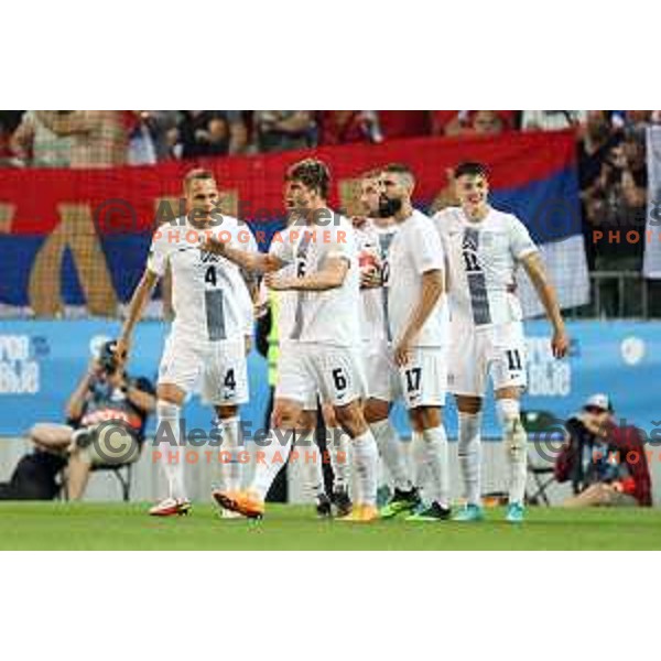 Jure Balkovec, Zan Karnicnik, Miha Mevlja, Jaka Bijol and Benjamin Sesko celebrate goal during UEFA Nations league football match between Slovenia and Serbia in SRC Stozice, Ljubljana, Slovenia on June 12, 2022