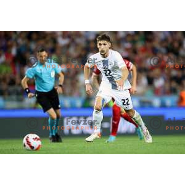 Adam Gnezda Cerin in action during UEFA Nations league football match between Slovenia and Serbia in SRC Stozice, Ljubljana, Slovenia on June 12, 2022 