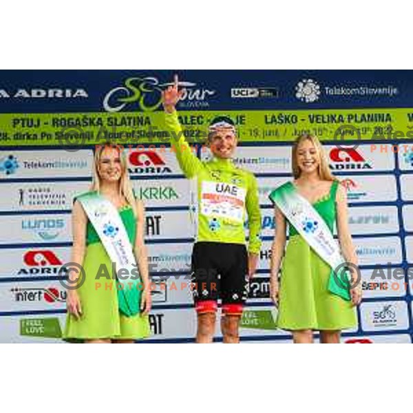 Rafal Majka with all yerseys at the finsih of the second stage of professional cycling race Dirka po Sloveniji- Tour of Slovenia from Ptuj to Rogaska Slatina on June 16, 2022