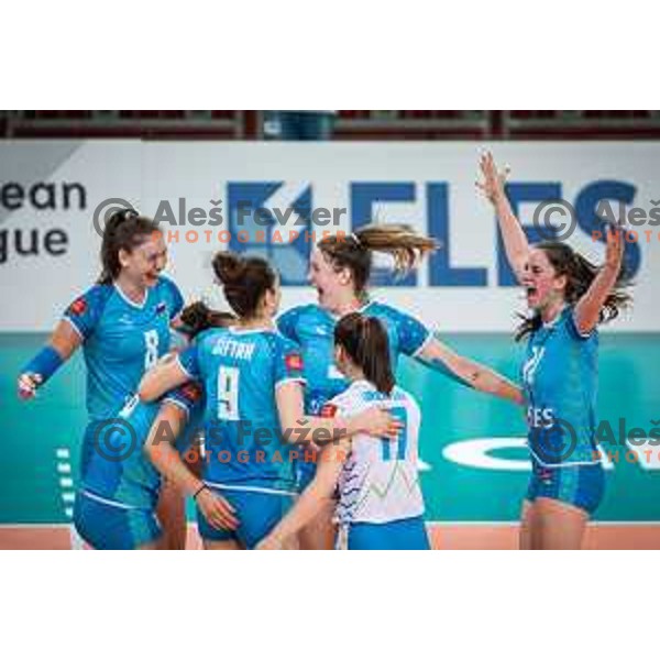 Eva Zatkovic, Eva Pogacar and Masa Pucelj celebrating during CEV Volleyball European Silver League 2022 Women volleyball match between Slovenia and Portugal in SD Lukna, Maribor, Slovenia on June 18, 2022. Photo: Jure Banfi/www.alesfevzer.com