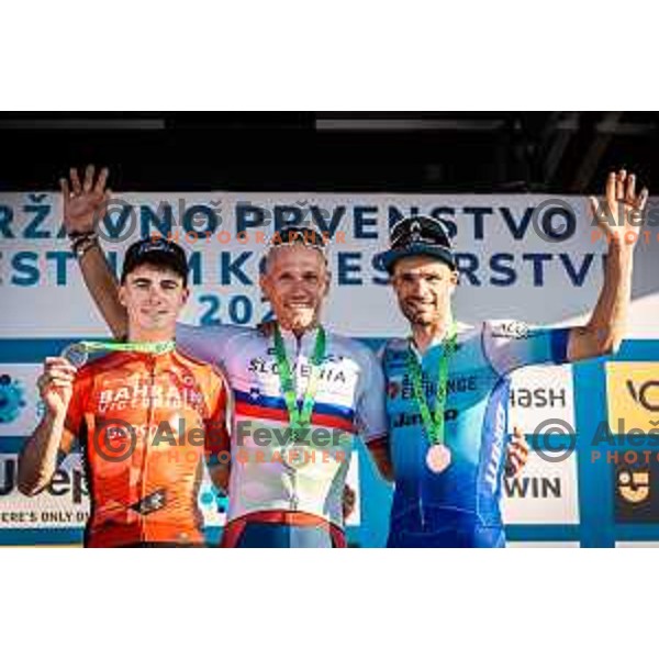 Matevz Govekar, Kristjan Koren and Luka Mezgec during award ceremony after Slovenian National Championship in cycling in Maribor, Slovenia on June 26, 2022. Photo: Jure Banfi