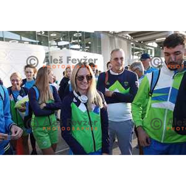 Neja Filipic and Jan Luxa during arrival of second group of Team Slovenia to Ahmed Ben Bella International Airport for Mediterranean Games in Oran, Algeria on June 27, 2022