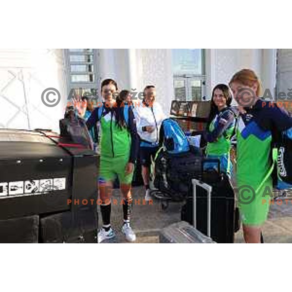 Eugenia Bujak, Ursa Pintar and Spela Kern during arrival of second group of Team Slovenia to Ahmed Ben Bella International Airport for Mediterranean Games in Oran, Algeria on June 27, 2022