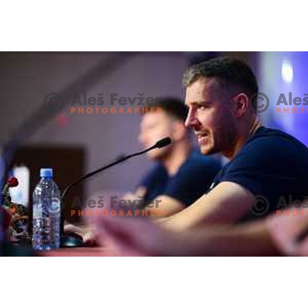 Luka Doncic and Goran Dragic of Slovenia basketball team during press conference in Ljubljana, Slovenia on June 28, 2022