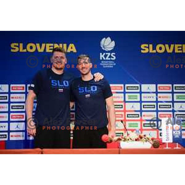 Luka Doncic and Goran Dragic of Slovenia basketball team during press conference in Ljubljana, Slovenia on June 28, 2022