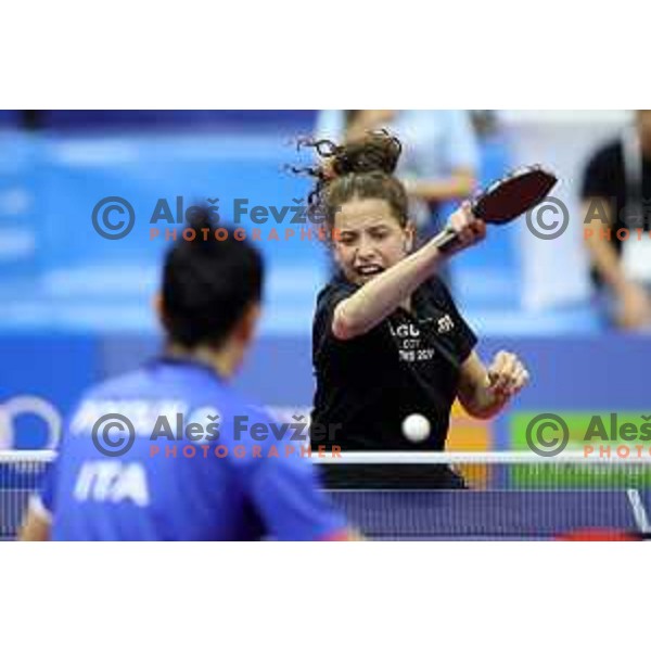 Hana Goda of Egypt competes in Women’s Table Tenis at Mediterranean Games in Oran, Algeria on June 27, 2022