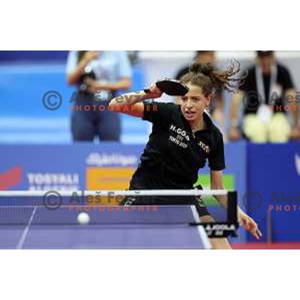 Hana Goda of Egypt competes in Women’s Table Tenis at Mediterranean Games in Oran, Algeria on June 27, 2022