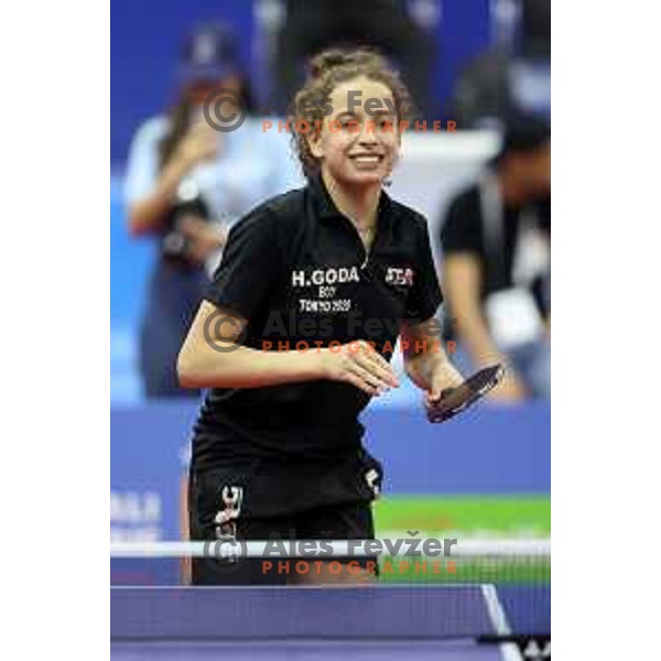 Hana Goda of Egypt competes in Women’s Table Tenis at Mediterranean Games in Oran, Algeria on June 27, 2022