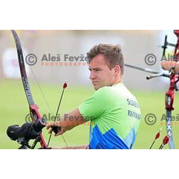 Ziga Ravnikar of Slovenia Archery team competes at Mediterranean Games in Oran, Algeria on June 29, 2022